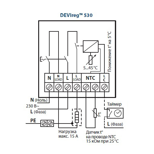 Терморегулятор DEVIreg 530 | схема підключення 