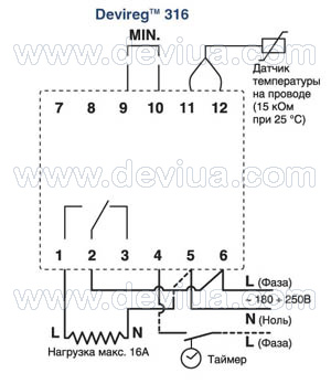 Devireg 316, схема підключення, монтаж терморегулятора